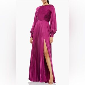 Leena For Mac Duggal Pleated Long Sleeve Satin A-Gown Color:Berry
